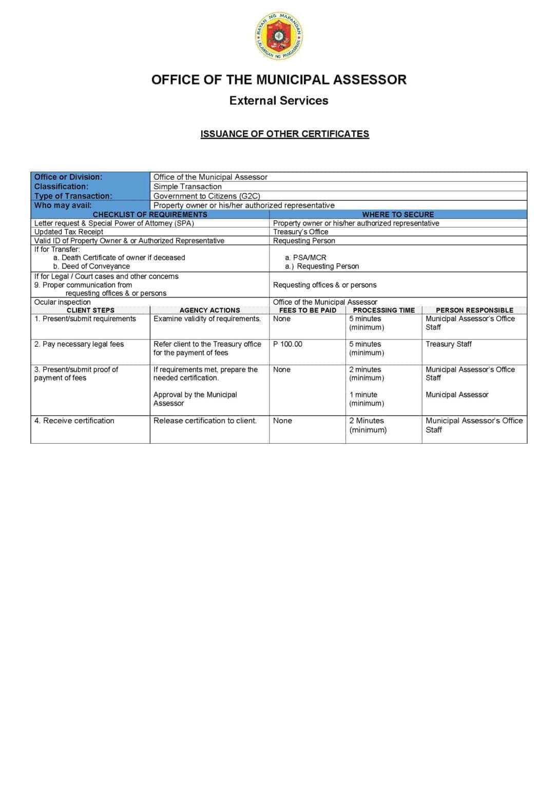 Citizens Charter for Other Assessor Certificates
