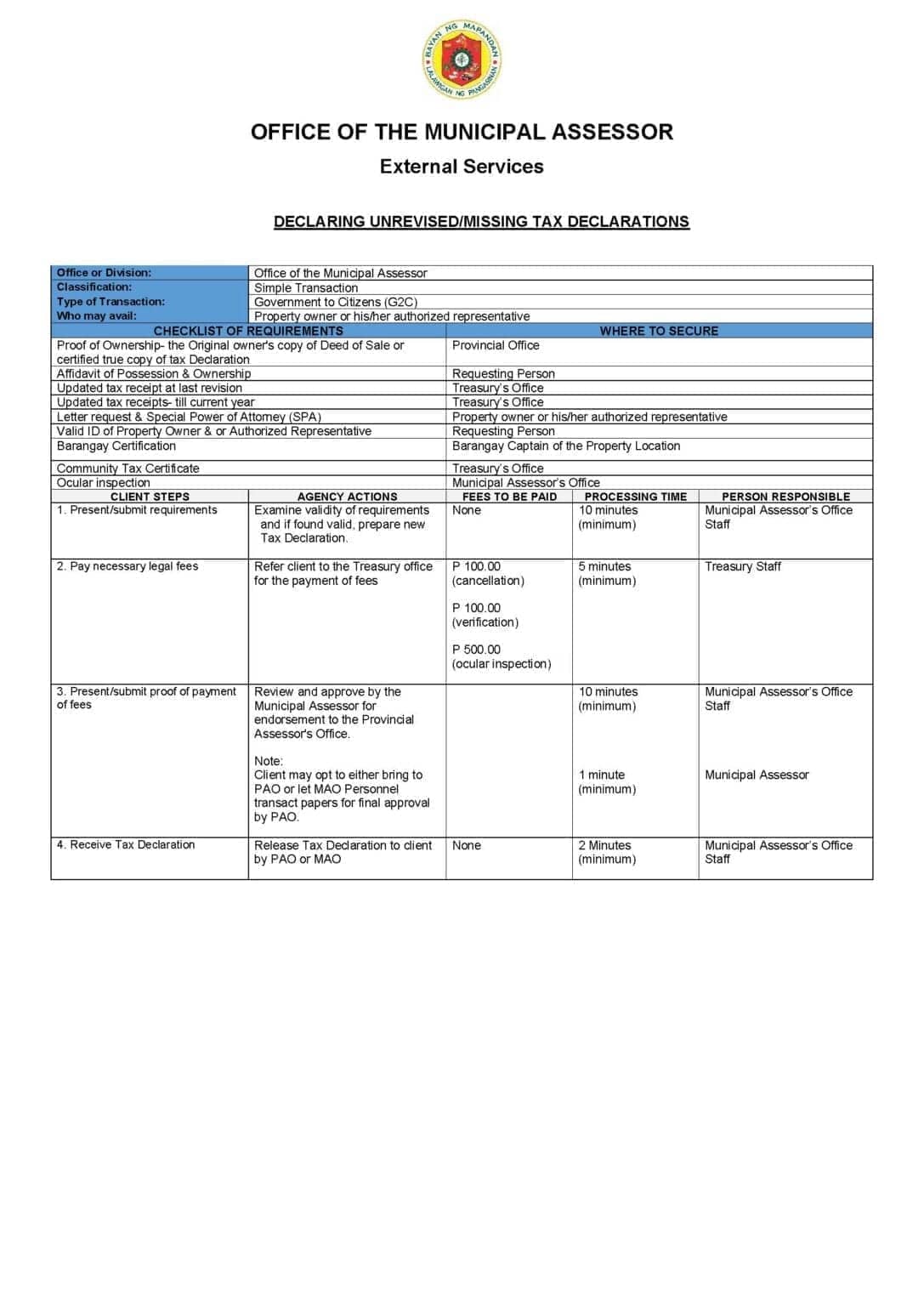 Citizens Charter for Declaring Unrevised / Missing Tax Declaration