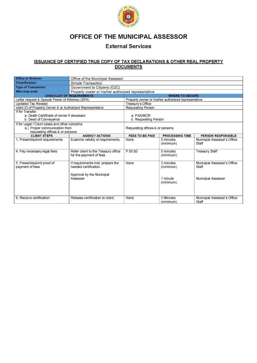 Citizens Charter for Tax Declaration Copy