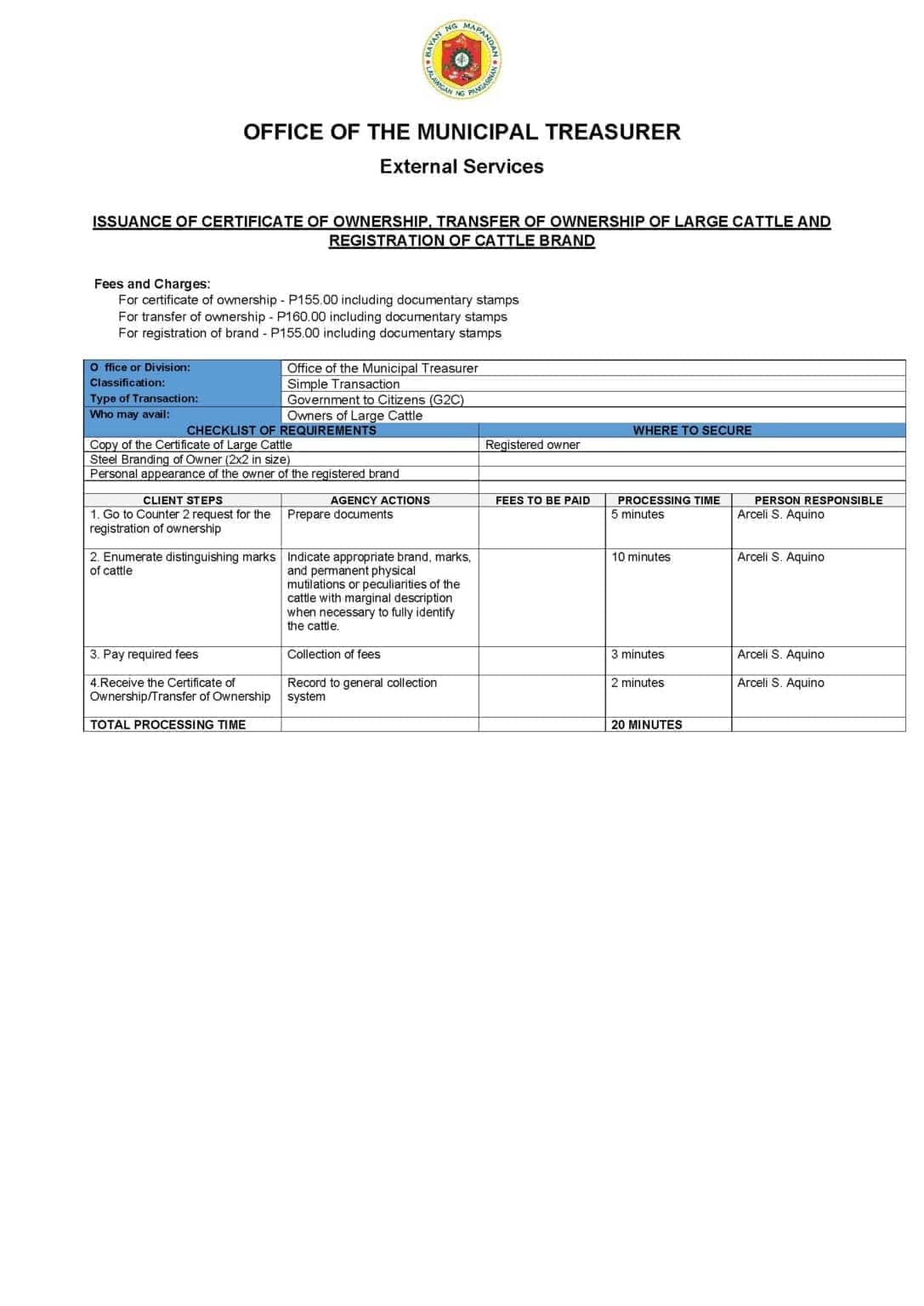 Citizens Charter for Large Cattle Ownership & Brand Registration