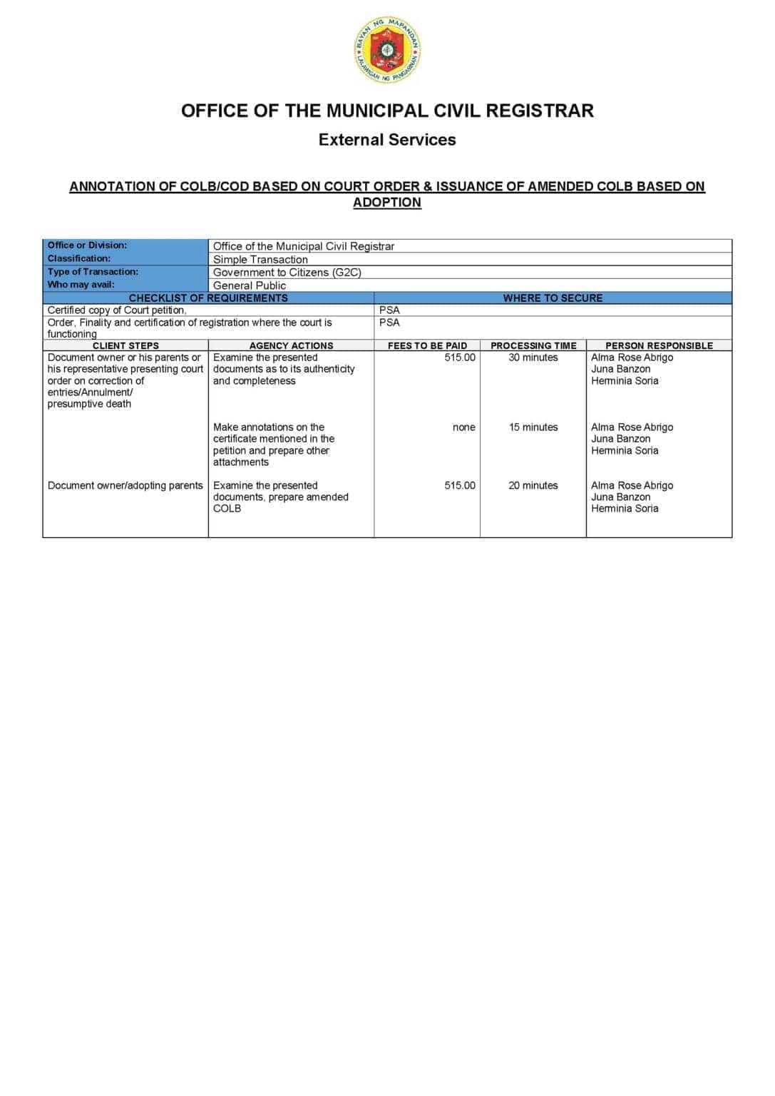 Citizens Charter for Court Order Annotation & Adoption