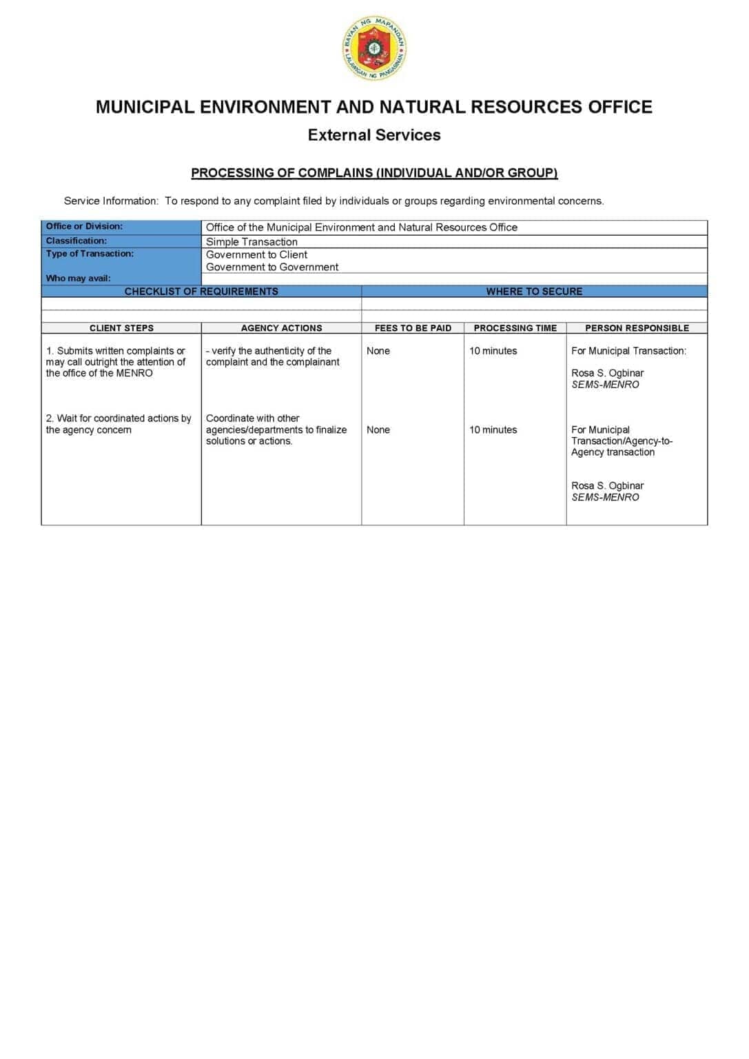 Citizens Charter for Environmental Complaints Processing