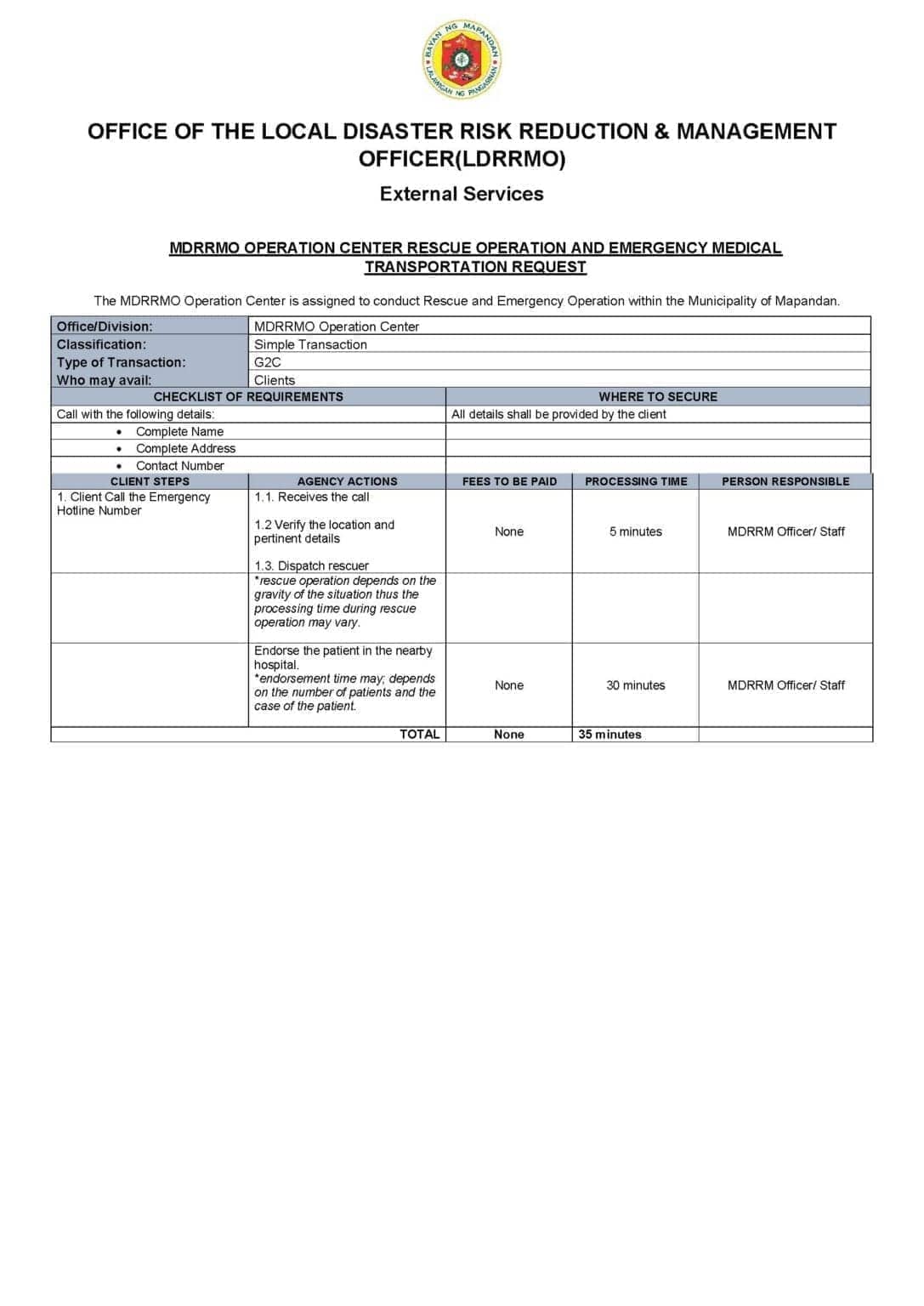 Citizens Charter for MDRRMO Rescue Operation & Emergency Medical Transport