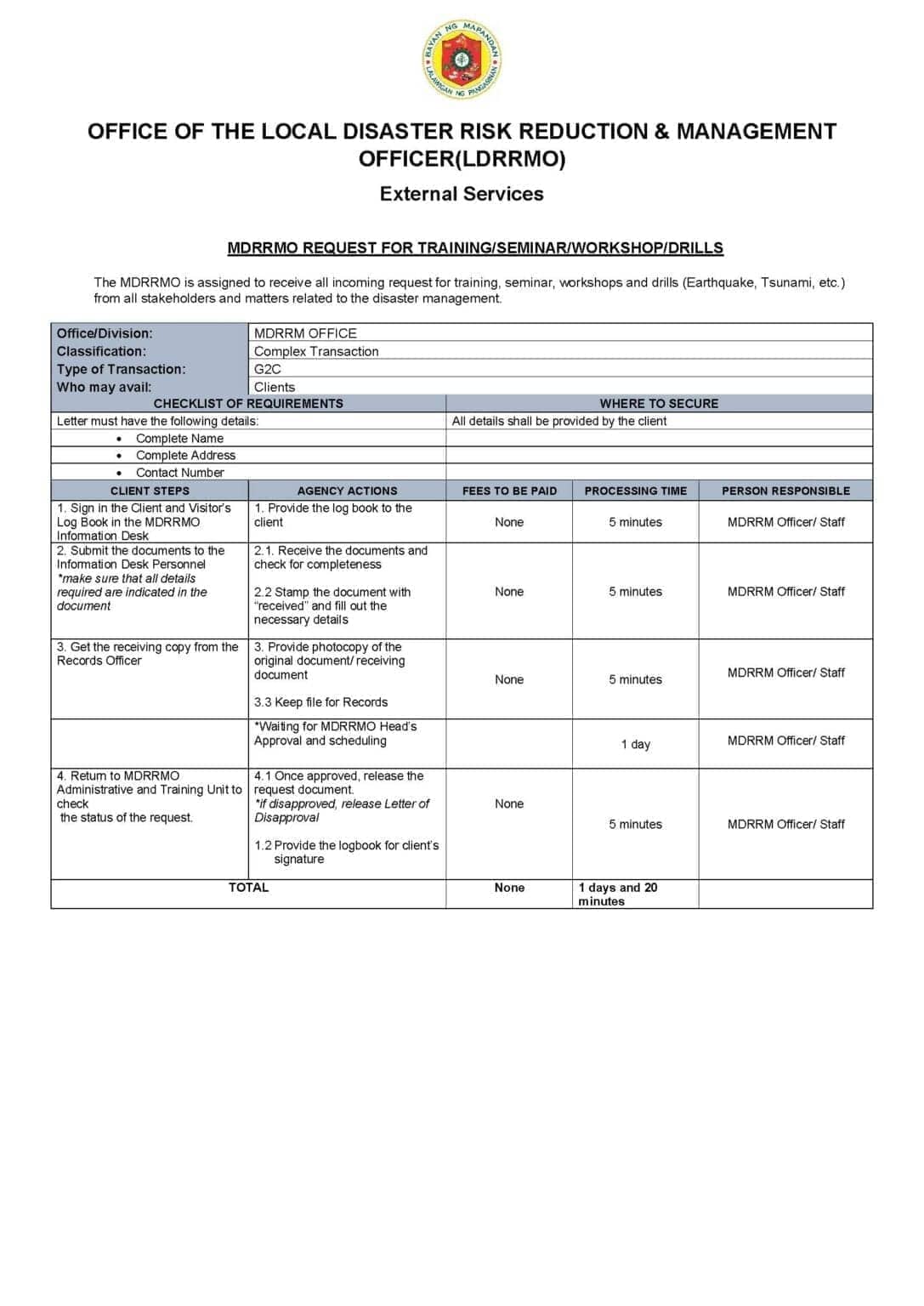 Citizens Charter for MDRRMO Training, Seminar & Workshop Request