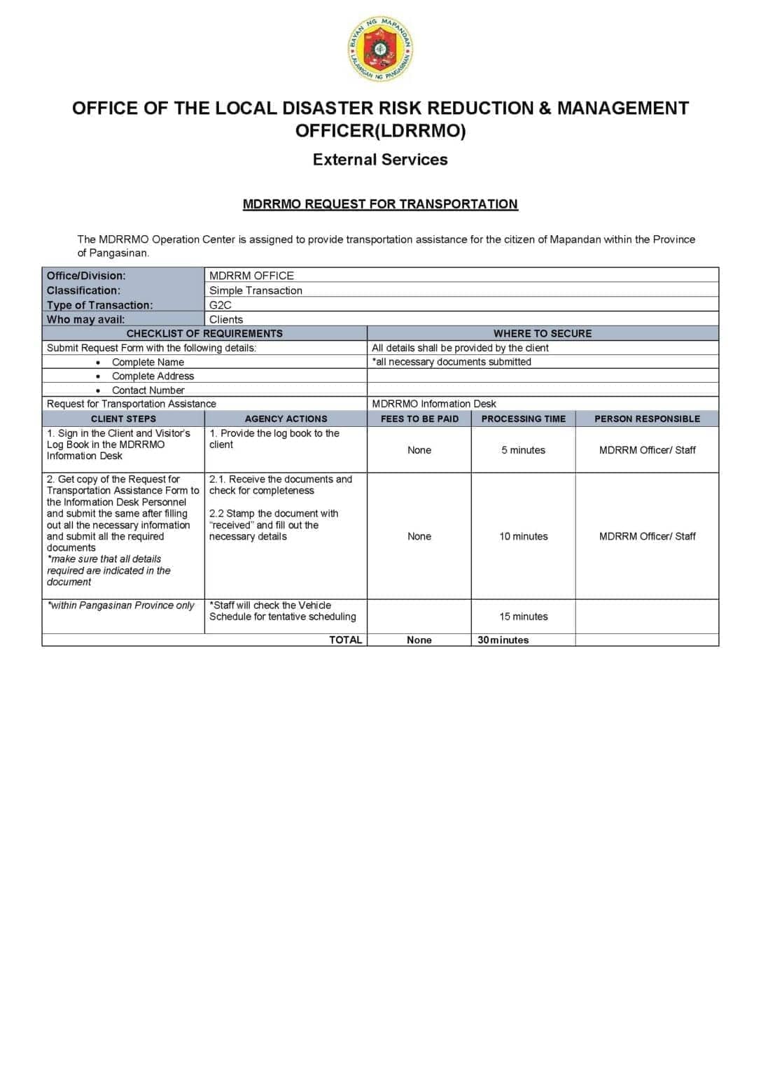 Citizens Charter for MDRRMO Standby / Transportation Request