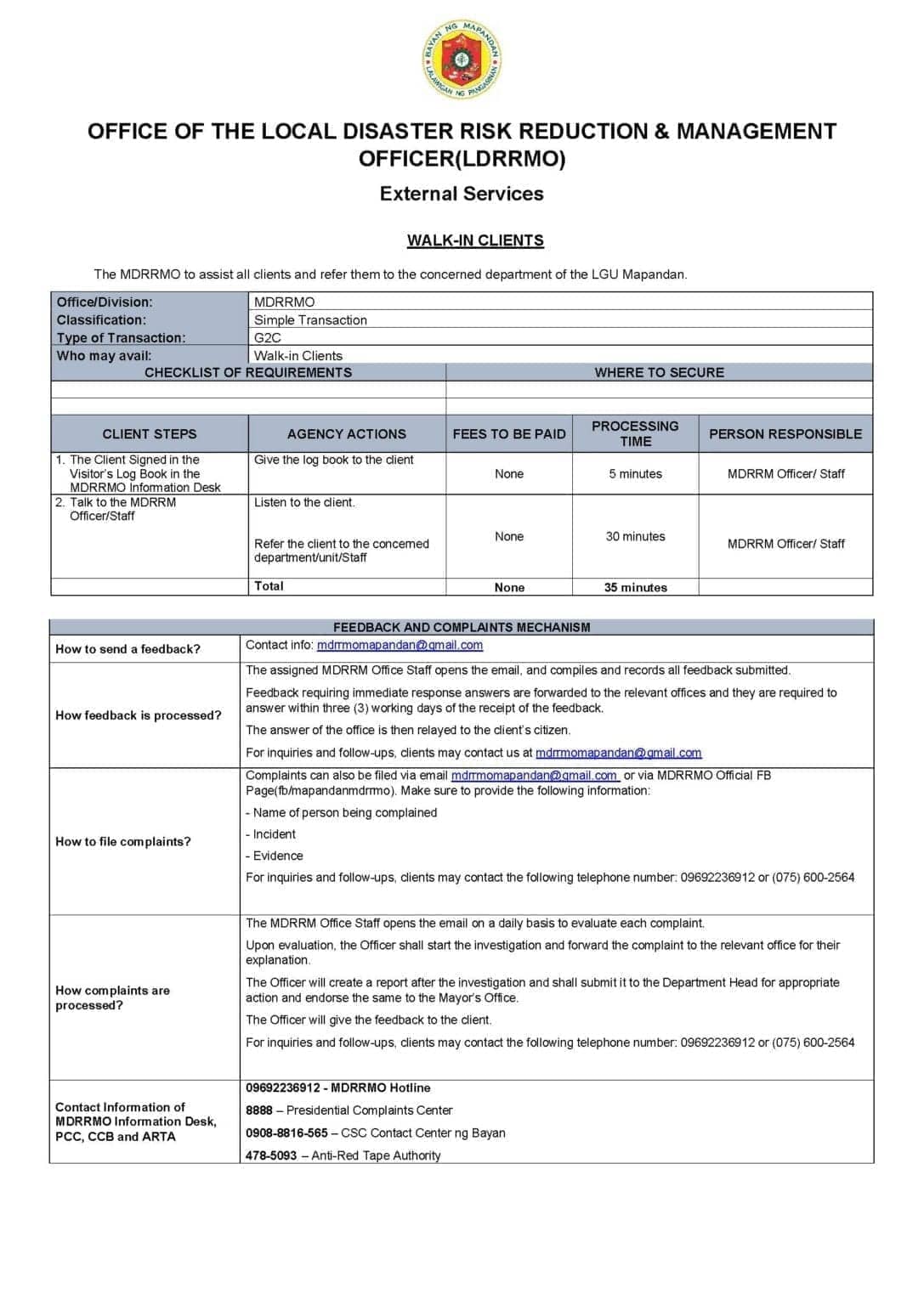 Citizens Charter for MDRRMO Walk-In Client Assistance