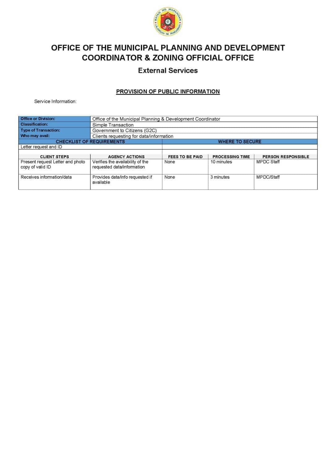 Citizens Charter for Public Information Request