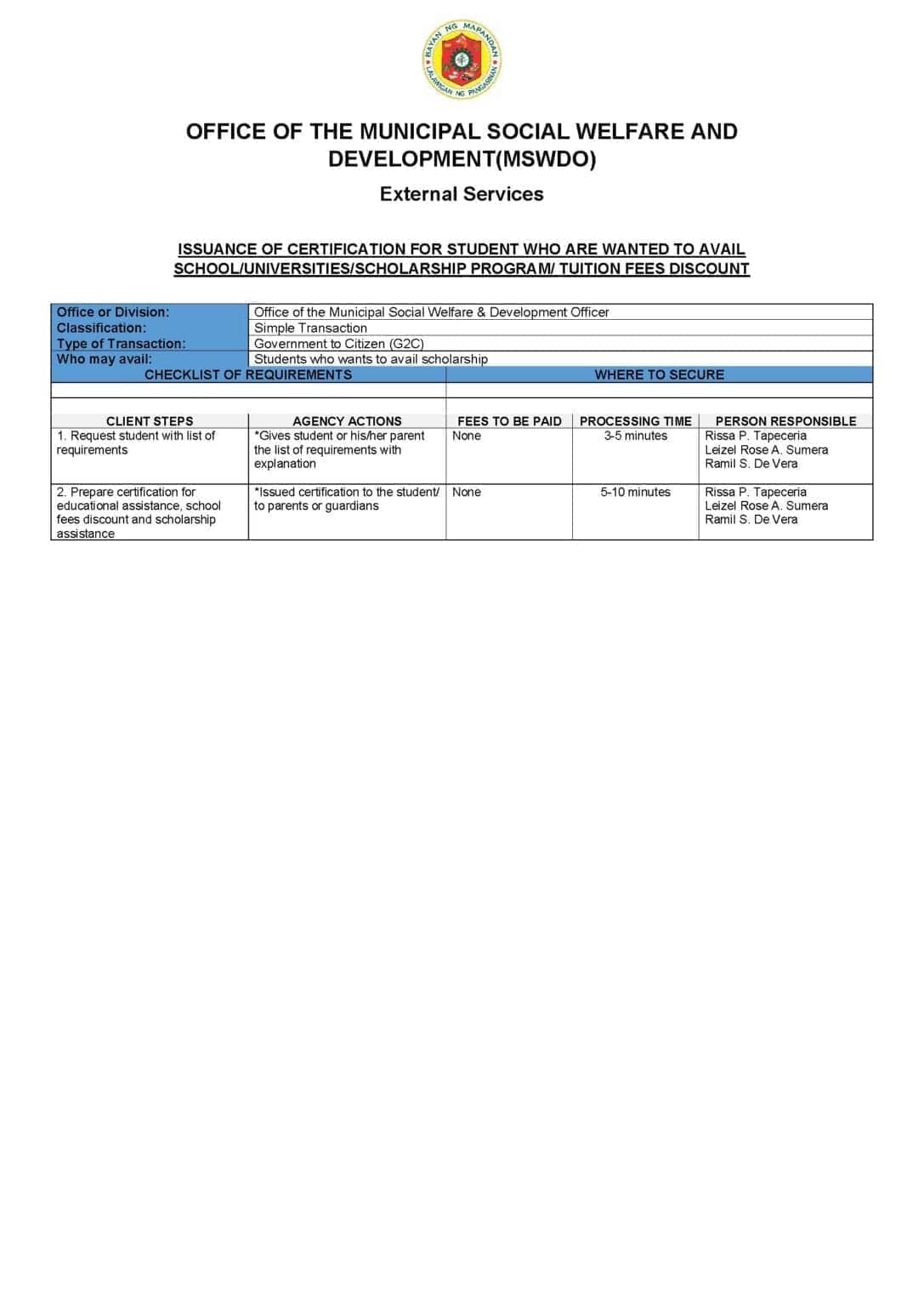 Citizens Charter for Scholarship Certification
